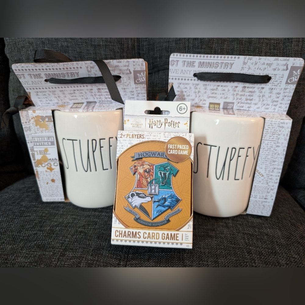 Rae Dunn Harry Potter set of 2 STUPEFY mugs w/wands & card game, NEW